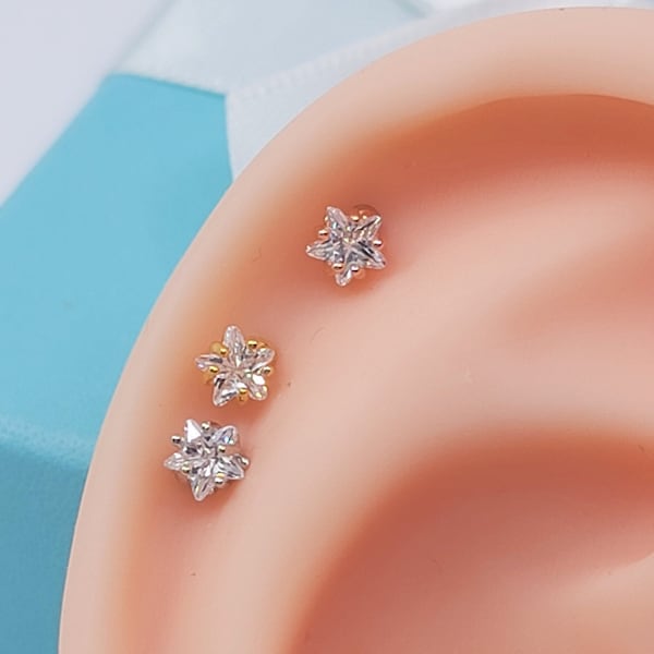 Stunning Star Prong Setting Clear CZ Cartilage piercing/ Various post bars with externally thread/ 20G available