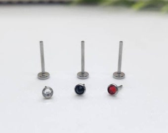 20G * 8mm * 2mm Clear, Red o Black CZ stud Silver THREADLESS (Front Push in) piercing / Acciaio chirurgico