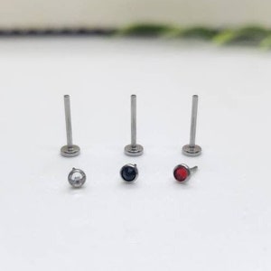 20G*8mm*2mm Clear, Red or Black CZ stud Silver THREADLESS (Front Push in) piercing/ Surgical Steel