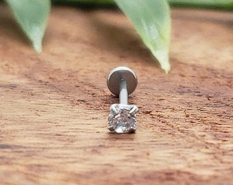 20G*8mm or 6mm (post length) SILVER with Prong CZ THREADLESS (Back Push in) piercing/Prong Setting/Surgical Steel