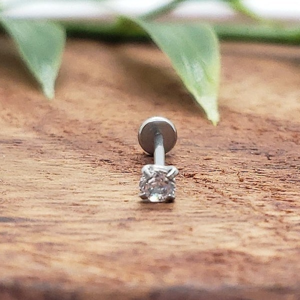 20G*8mm or 6mm (post length) SILVER with Prong CZ THREADLESS (Back Push in) piercing/Prong Setting/Surgical Steel