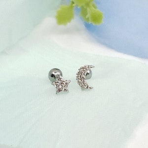 16G* Silver Delicate CZ Moon and star cartilage piercing/various post bar externally thread/ 20G is available