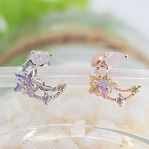 Cute Moon with AB Star cartilage piercing/silver, rose gold/ Various Post Bar externally thread and 20G is available