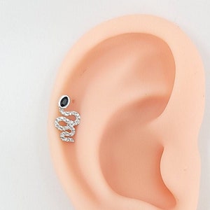 16G* Black CZ Silver Snake Cartilage Piercing/ Top design: 12.5 mm/ Various post bar externally threaded and 20G is available