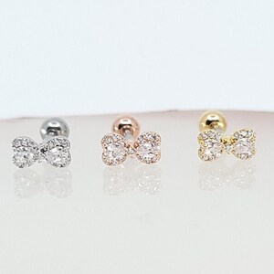 16G Ribbon Bow CZ cartilage piercing/silver, rose gold, gold/ Various Post Bar externally thread and 20G is available