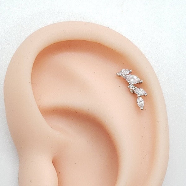 16G Leaf with CZ cartilage piercing/silver, rose gold, gold/ Various Post Bar externally thread and 20G is available