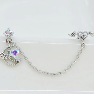 16G Flügel mit Mond und Herz Kette verbunden Knorpel Piercing / Extern gefädelt Ball End / 16G Dicke mit 6mm Länge.