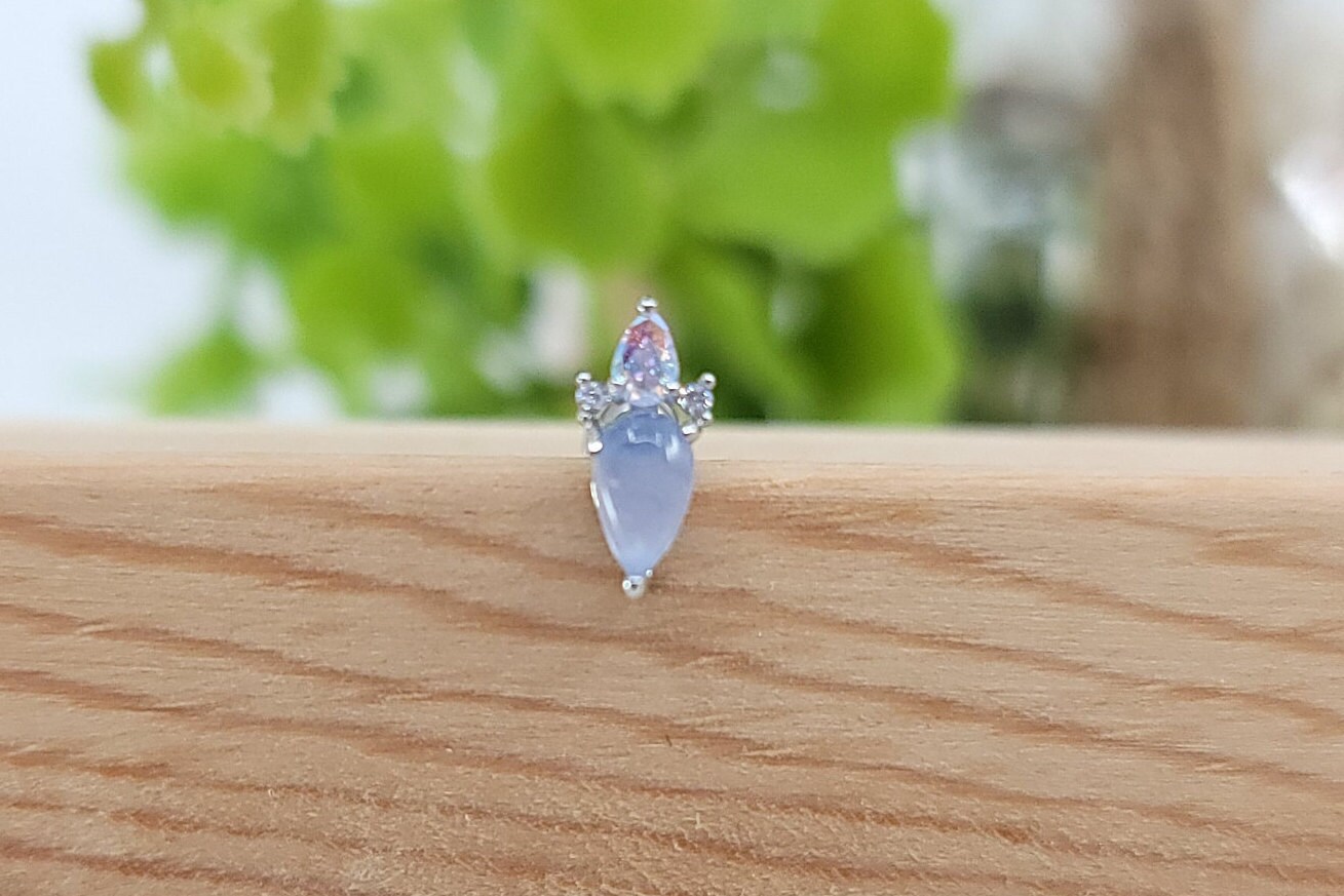 16G* Light Blue Moon Stone with AB stone Cartilage Piercing/Top design: 4 x 9 mm /Various post bar externally threaded and 20G is available