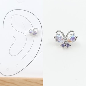 16G* Cute AB CZ Butterfly with Purple tiny CZ piercing/ Various Post Bar externally thread and 20G is available