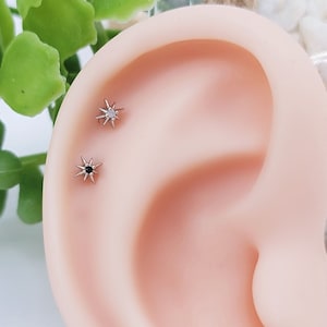 16G* Very Petite Radiating Star with Black or White Moonstone Cartilage Piercing/ Various Post Bar externally thread and 20G is available