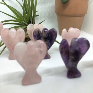 Small Rose Quartz & Dream Amethyst Polished Angel . Carved Angel Shape. Religious Angel Protection Crystal, Angel Figurine