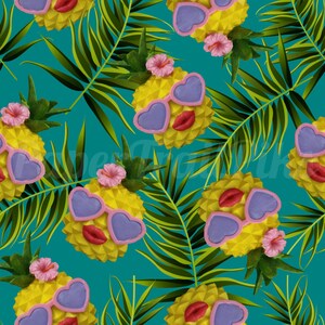 May include: A repeating pattern of yellow pineapples with heart-shaped sunglasses and red lips, interspersed with green palm leaves and pink flowers, set against a teal background. The design evokes a tropical, fun vibe.
