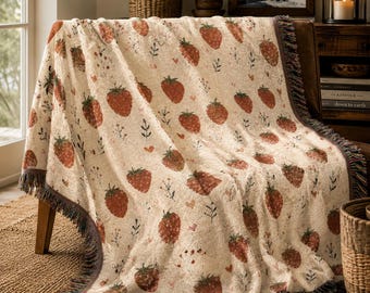 Erdbeer Decke, Cottagecore Dekor, Beeren Liebhaber Geschenk, Fruitcore Wohnaccessoire