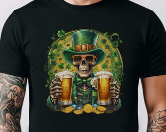 Funny St Patricks Day Skeleton T-Shirt Irish Drinking Tee, Leprechaun Skull with Beer, Pub Crawl Shirt, Green Beer Party Men & Women
