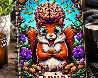 ADHD Stationery Spiral Notebook, Funny Squirrel Tarot Journal, Neurodivergent Gift for Her, Quirky Anxiety Planner
