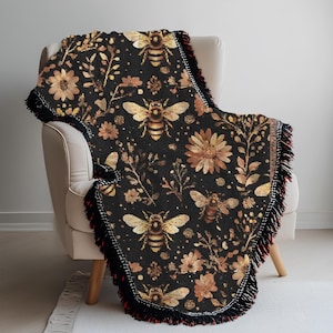 Gouden bijen geweven deken vintage boho bloemenpatroonGezellig zwart gouden wandtapijt Cottagecore bij decor geïnspireerd housewarmingcadeau