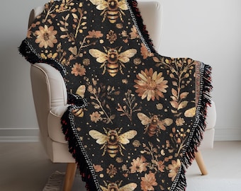 Golden Bees Woven Blanket Vintage Boho Floral PatternThrow Cozy Black  Gold Tapestry Cottagecore Bee Decor Inspired Housewarming Present