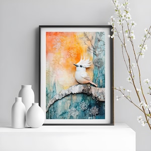 Tranquil Dawn - Gelassener Vogel Wandkunst, Verträumter Naturdruck, Weiches botanisches Wohndekor, friedliches, vom Sonnenuntergang inspiriertes Poster Home & Office matt