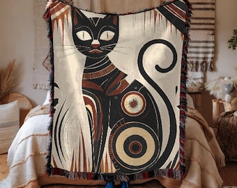 Manta Boho Cat Tecida – Decoração Aconchegante para Casa com Tema Felino