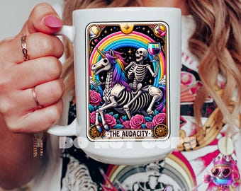 The Audacity&quot; Skeleton & Unicorn Mug – Colorful Gothic Coffee Cup