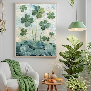 Lucky Tides - Shamrock Wall Art, Textured Nature-Inspired Print, Irish Luck Home Decor, Serene Botanical Poster, Ocean Clover & Office Matte