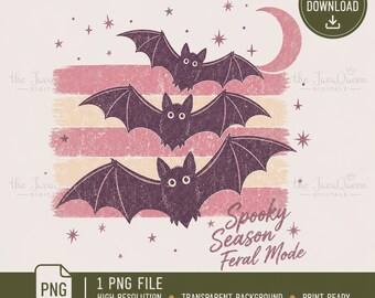May include: A digital graphic featuring three dark purple bats flying in front of a distressed horizontal striped background in shades of pink and cream. A crescent moon and small stars surround the bats. The text reads Spooky Season Feral Mode.