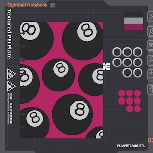 May include: A rectangular notebook cover featuring a repeating pattern of black eight-balls on a vibrant magenta background. The design includes the text Eightball Notebook, a color swatch, and various circular icons on a dark gray grid interface.