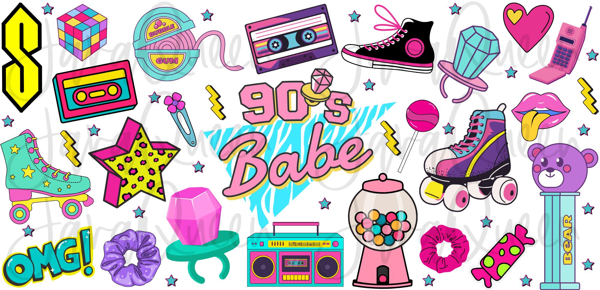 90s Babe PNG | Y2K Digital Cup Wrap | Cassette Tape, Boombox, Roller Skates & Ring Pop Clipart | Sublimation and UV DTF Download