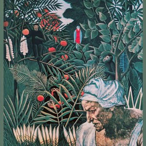 May include: A vintage poster with a jungle scene featuring a woman with a white headscarf, monkeys, and a parrot. The text on the poster reads "AMSTERDAM BELGRADE 2024 YAN THE ARTIST".