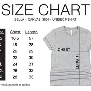 以下が含まれることがあります： ユニセックスTシャツのサイズチャート。XSから3XLまでのサイズに対応し、胸囲と着丈をインチで表示しています。チャートには「Bella + Canvas 3001 - ユニセックスTシャツ」と記載されています。