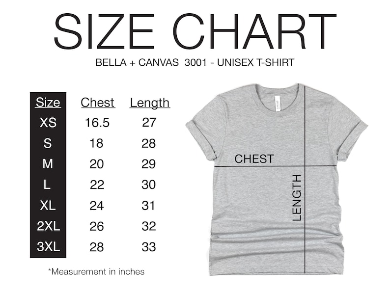 以下が含まれることがあります： ユニセックスTシャツのサイズチャート。XSから3XLまでのサイズに対応し、胸囲と着丈をインチで表示しています。チャートには「Bella + Canvas 3001 - ユニセックスTシャツ」と記載されています。