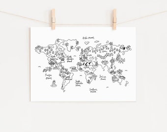 World Map Line Drawing Print - A5, A4 & A3