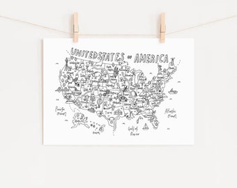 United States of America Map Line Drawing Print - A5, A4 & A3