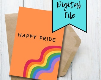 Könnte beinhalten: Eine orangefarbene Grußkarte mit den Worten "HAPPY PRIDE" in schwarzer Schrift und einem Regenbogenmuster. Die Karte liegt auf einem braunen Umschlag. Ein türkisfarbenes Banner mit den Worten "Digital File" befindet sich in der oberen rechten Ecke.