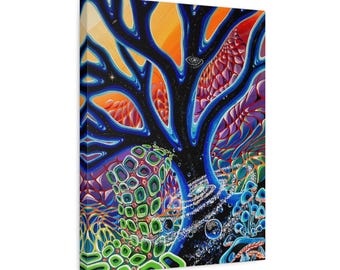 Art original sur toile tendue miroir dans le ciel, arbre de l'espace noir avec galaxies et champignons, reflet de l'univers cosmique, art mural pour la maison