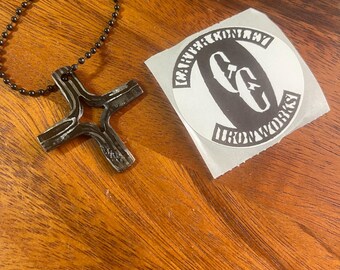 Damascus Steel Split Cross Necklace Blacksmith Made in Rural Appalachia