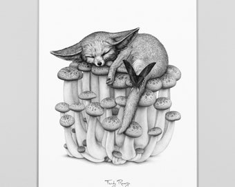 Fennec fox on a bed of mushrooms - A3 art print