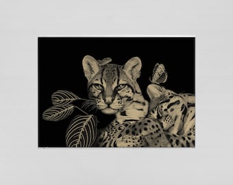 Ocelotten met nachtvlinder & gekko - A3 art print