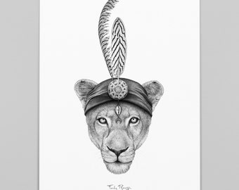Art print boho leeuwin, nautische schelp en veren hoofdband
