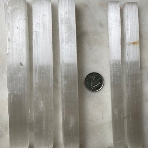 Peut inclure: Six bâtonnets de sélénite blanche de différentes longueurs, avec une pièce de dix cents canadiens pour l'échelle.