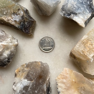 Könnte beinhalten: Eine Sammlung von acht grauen, weißen und braunen Halbedelsteinen mit einem kanadischen Zehn-Cent-Stück als Größenvergleich.