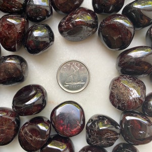 May include: A collection of smooth, dark red garnet tumbled stones. The stones are arranged in a circle around a Canadian 10-cent coin.