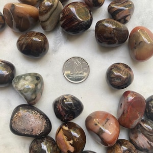 May include: A collection of tumbled stones in various shades of brown, pink, and grey. The stones have a unique striped pattern and are smooth to the touch.
