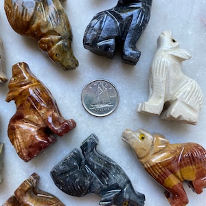 Può includere: Una collezione di nove figurine di animali in pietra scolpite a mano. Le figurine sono di vari colori, tra cui marrone, nero, bianco e grigio. Le figurine sono tutte di animali diversi, tra cui lupi, orsi e cervi. Le figurine sono tutte alte circa 5 cm.