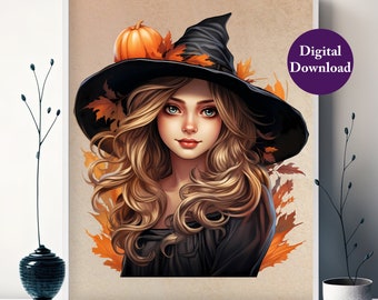 Cute and Enchanting Autumn Witch with Pumpkin - Digital Wall Art