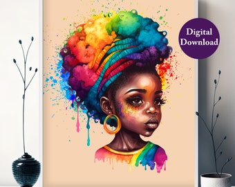 Colorful Confidence: Rainbow Black Girl in Watercolor, Digital Download