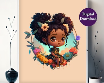 Vibrant Visions: Beautiful Black Girl in Watercolor with Floral Elements, Digital Download