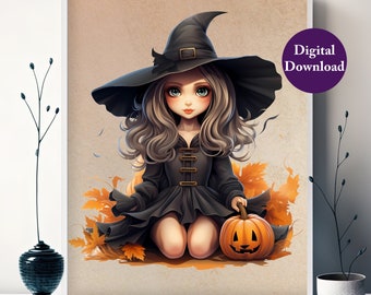 Cute and Sexy Witch Halloween Girl with Pumpkin - Digital Wall Art