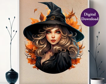 Cute and Sexy Witch Halloween Girl Illustration - Digital Wall Art