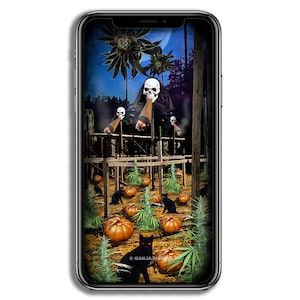 May include: A digital illustration of a spooky Halloween scene with a skull wearing a black robe and holding a joint. The scene is set in a field with pumpkins and marijuana plants. There are also black cats in the field.